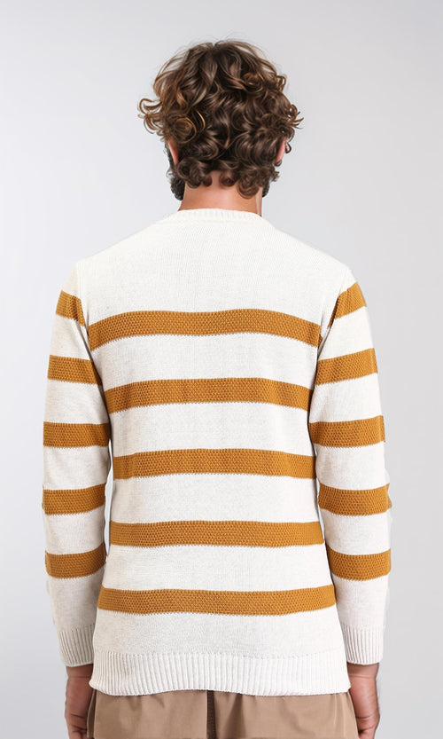 R211502 - Slip On Striped Winter Pullover - Beige & Goldenrod