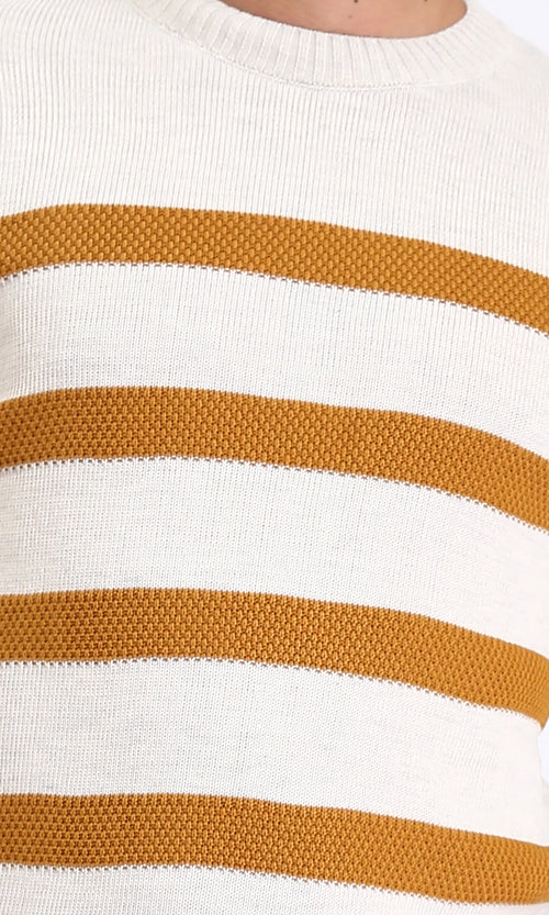 R211502 - Slip On Striped Winter Pullover - Beige & Goldenrod