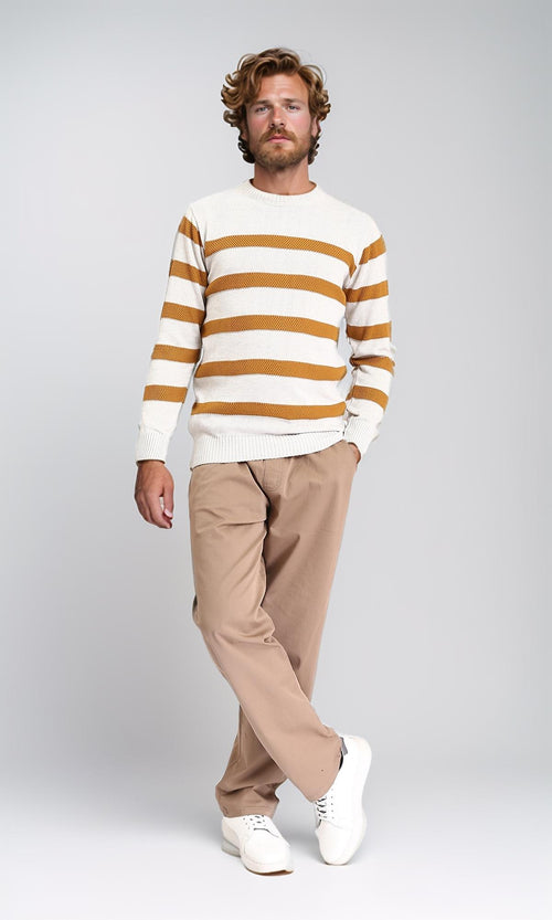 R211502 - Slip On Striped Winter Pullover - Beige & Goldenrod
