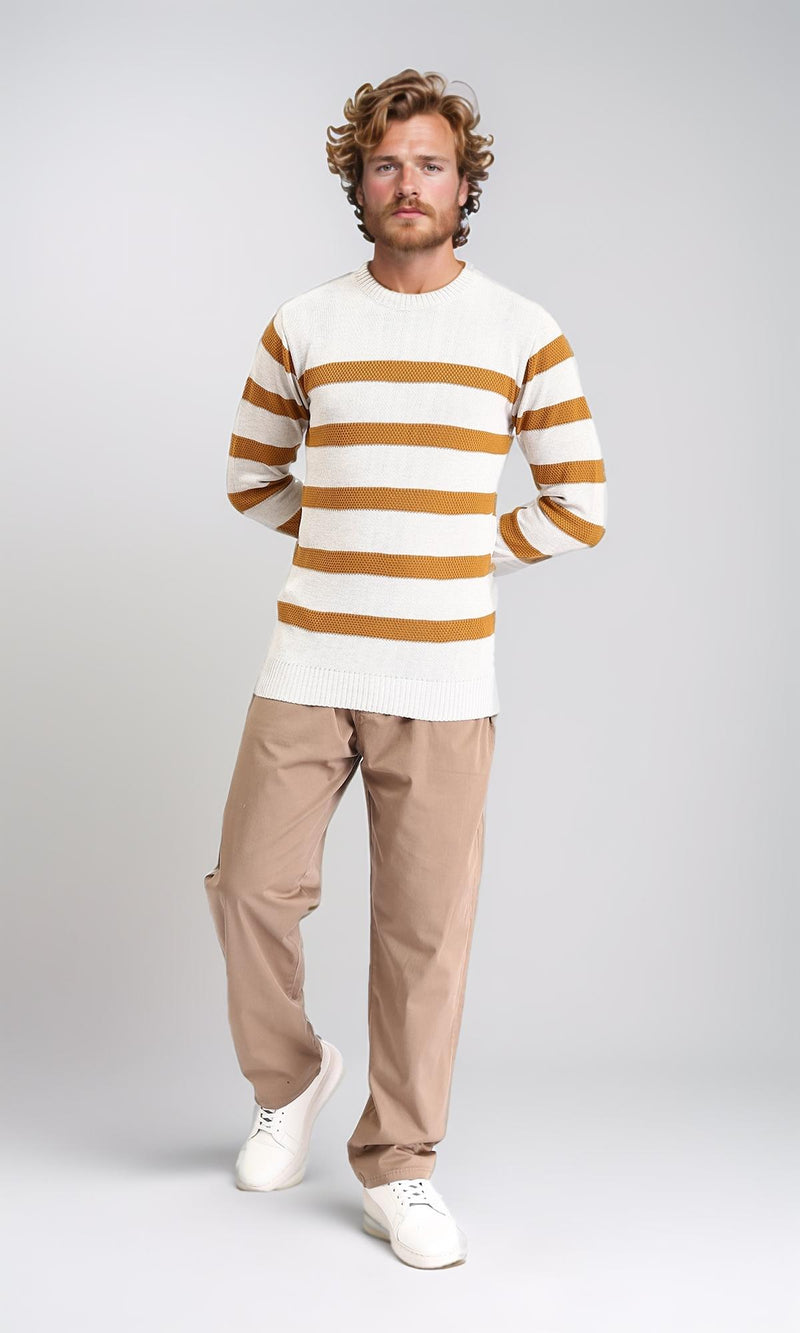R211502 - Slip On Striped Winter Pullover - Beige & Goldenrod