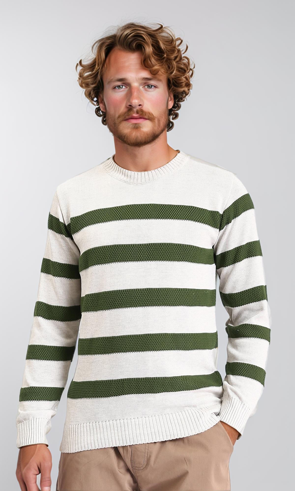 Slip On Striped Winter Pullover - Beige & Dark Olive