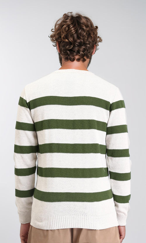 R211503 - Slip On Striped Winter Pullover - Beige & Dark Olive