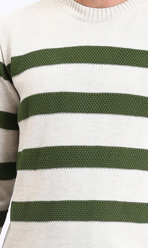 R211503 - Slip On Striped Winter Pullover - Beige & Dark Olive