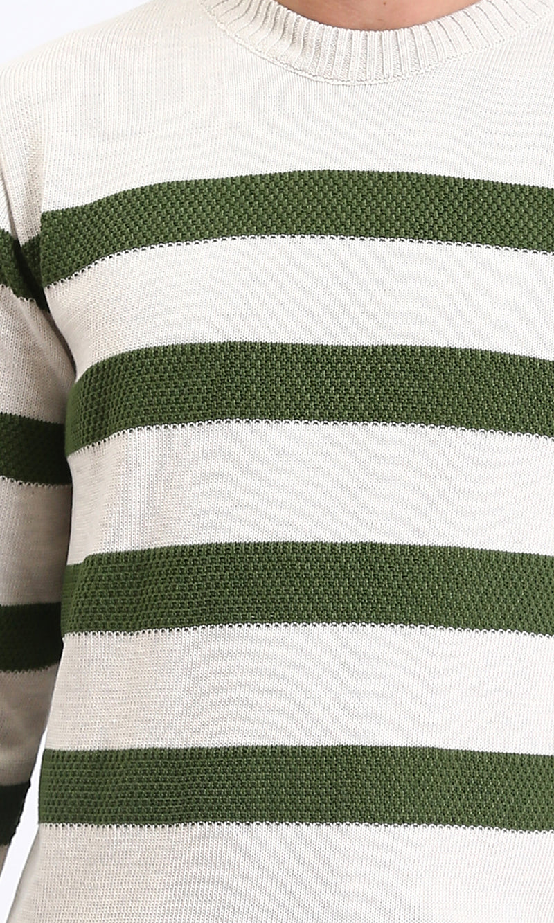 R211503 - Slip On Striped Winter Pullover - Beige & Dark Olive
