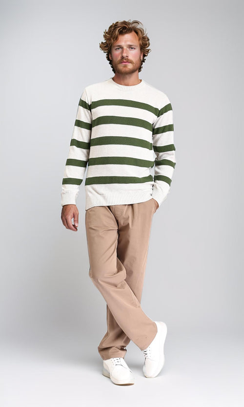 R211503 - Slip On Striped Winter Pullover - Beige & Dark Olive