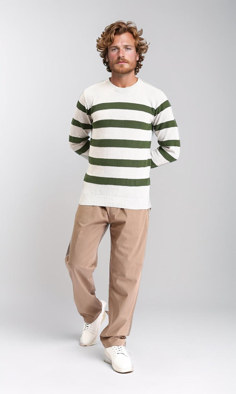R211503 - Slip On Striped Winter Pullover - Beige & Dark Olive