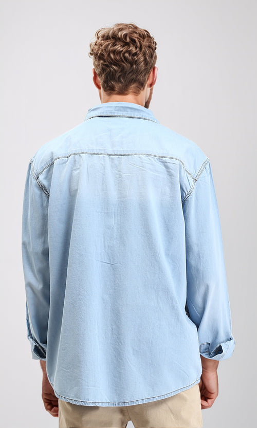 R211506 - Long Sleeves Denim Shirt with Pockets - Light Blue