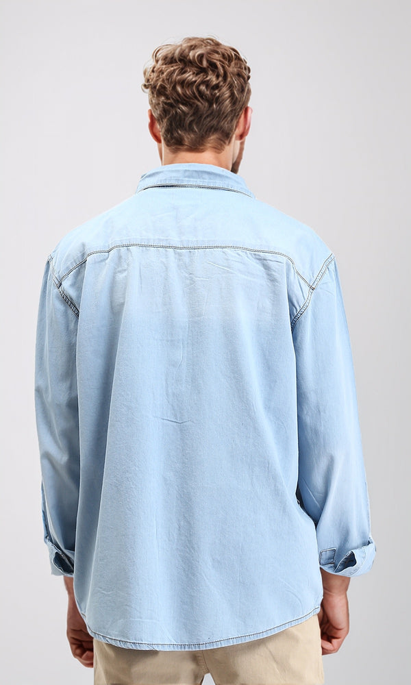 R211506 - Long Sleeves Denim Shirt with Pockets - Light Blue