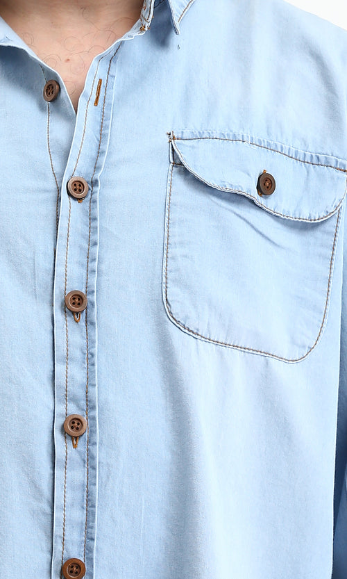 R211506 - Long Sleeves Denim Shirt with Pockets - Light Blue