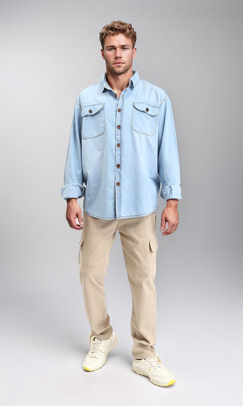 R211506 - Long Sleeves Denim Shirt with Pockets - Light Blue