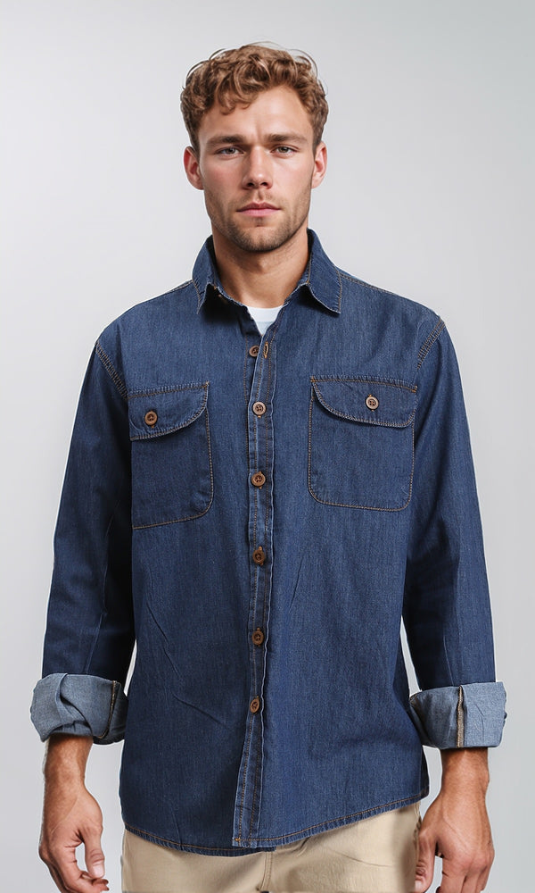 R211507 - Long Sleeves Denim Shirt with Pockets - Navy Blue