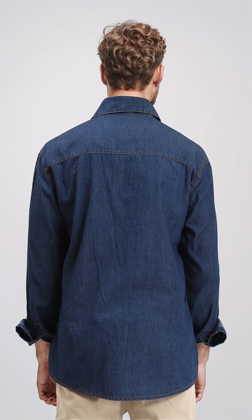 R211507 - Long Sleeves Denim Shirt with Pockets - Navy Blue