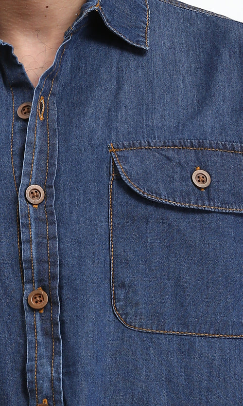 R211507 - Long Sleeves Denim Shirt with Pockets - Navy Blue