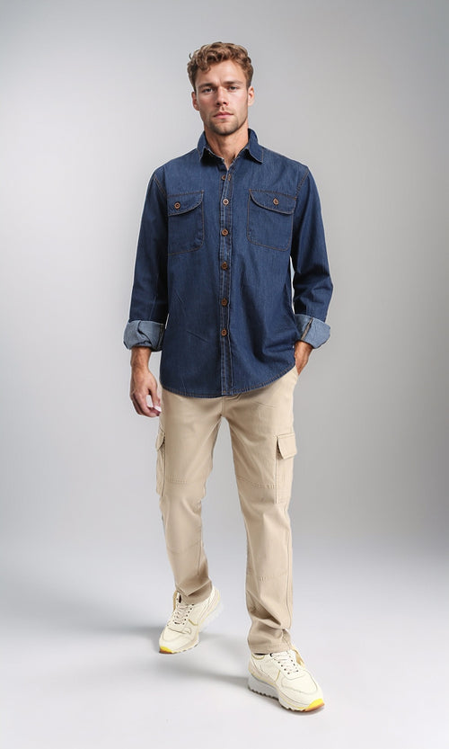 R211507 - Long Sleeves Denim Shirt with Pockets - Navy Blue