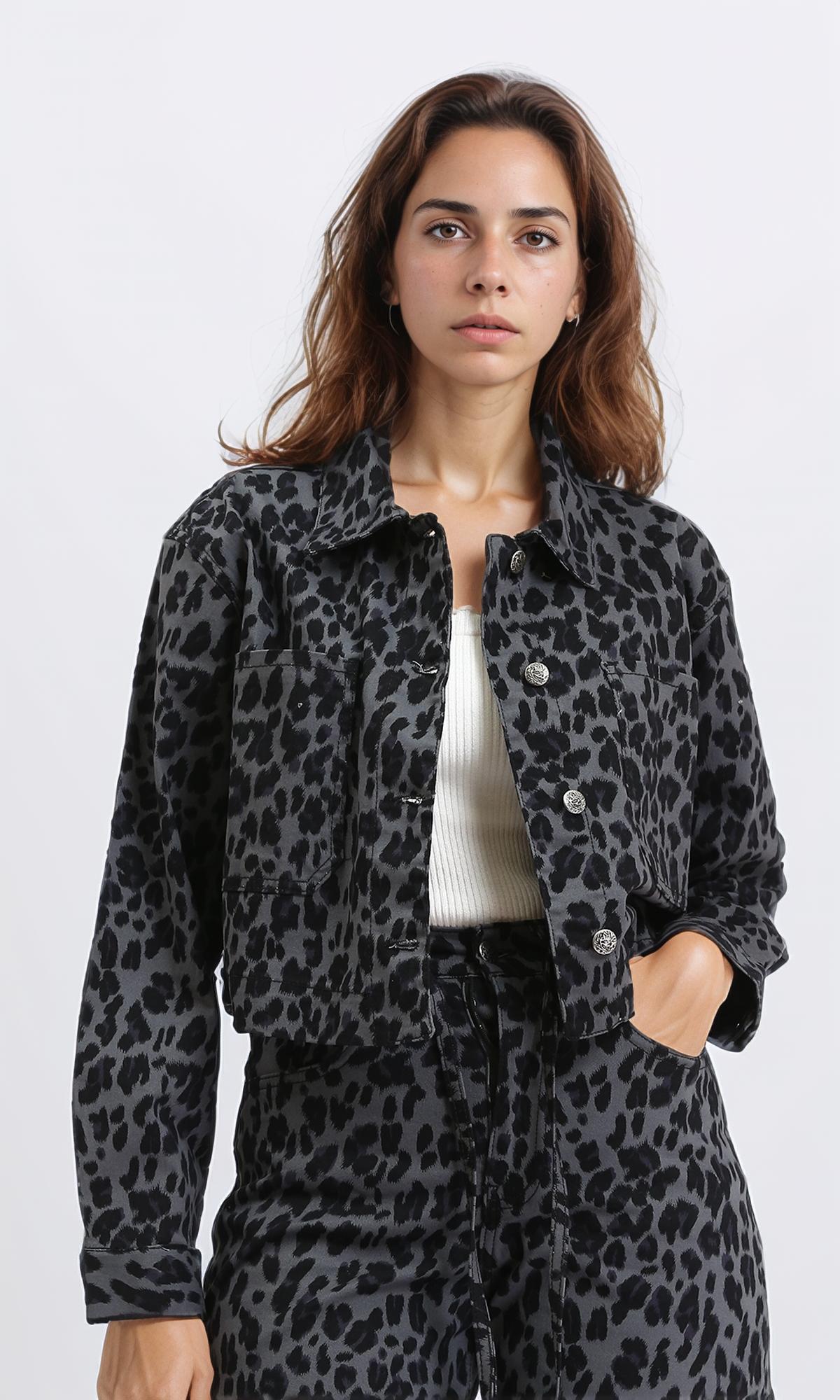 Leopard Long Sleeves Buttoned Jacket - Grey & Black