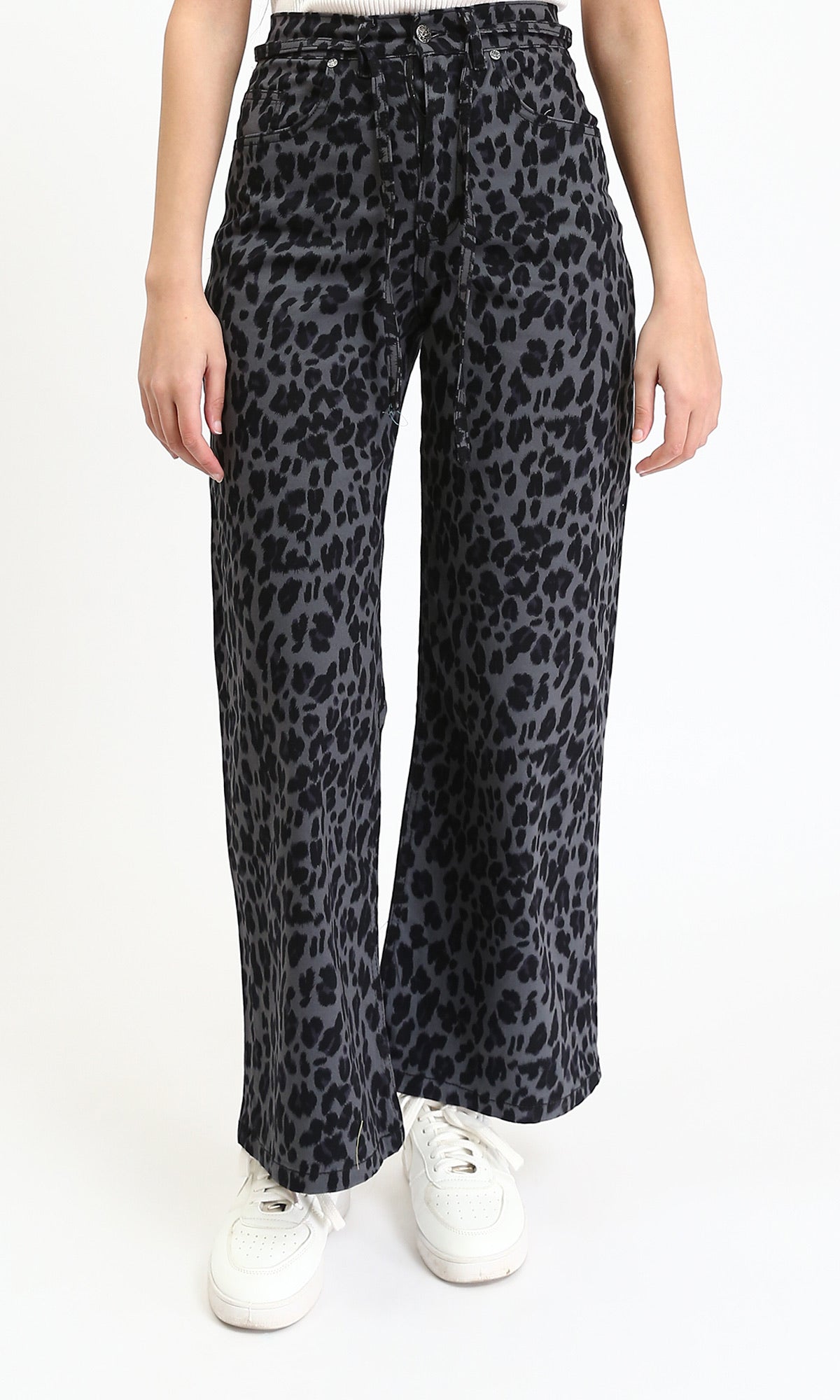 Leopard Wide Leg Casual Pants - Grey & Black