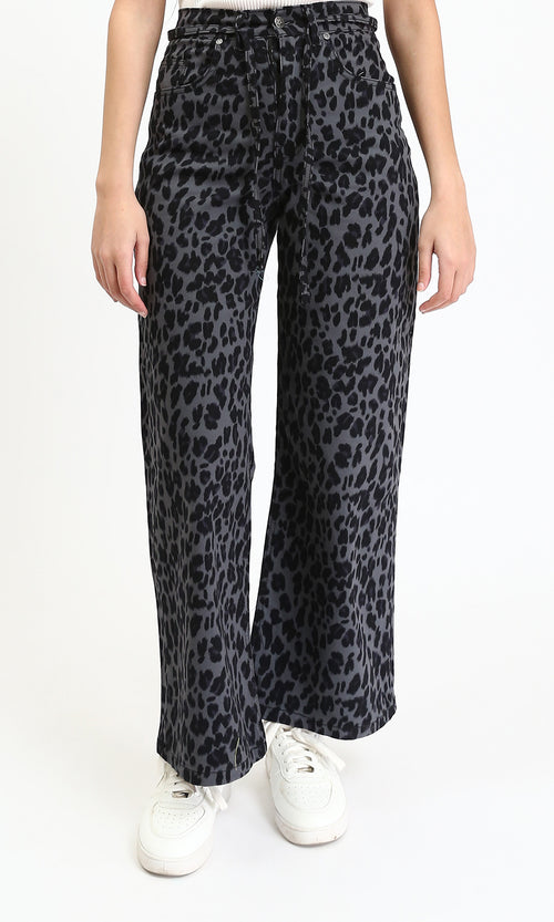 R211509 - Leopard Wide Leg Casual Pants - Grey & Black