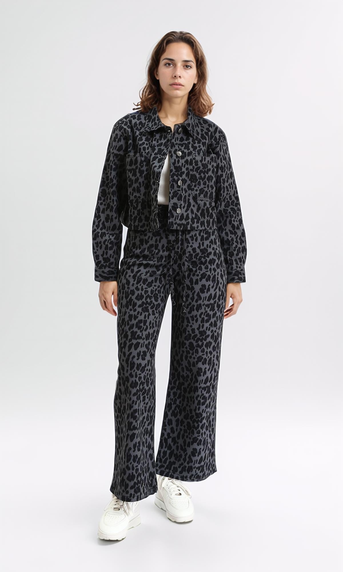 R211509 - Leopard Wide Leg Casual Pants - Grey & Black
