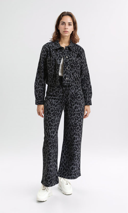 R211509 - Leopard Wide Leg Casual Pants - Grey & Black
