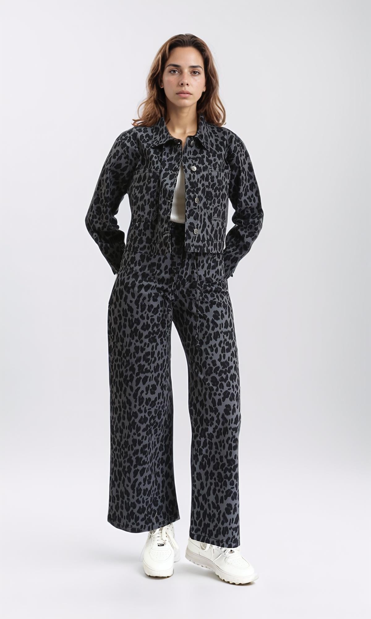 R211509 - Leopard Wide Leg Casual Pants - Grey & Black
