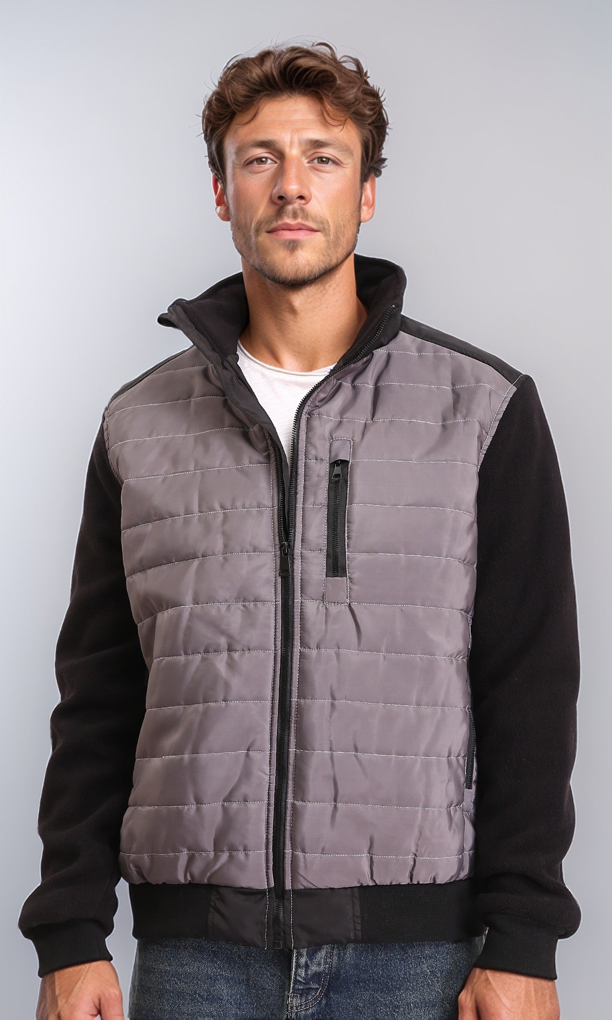 Bi-Tone Long Sleeves Zipped Bomber Jacket - Dark Grey & Black