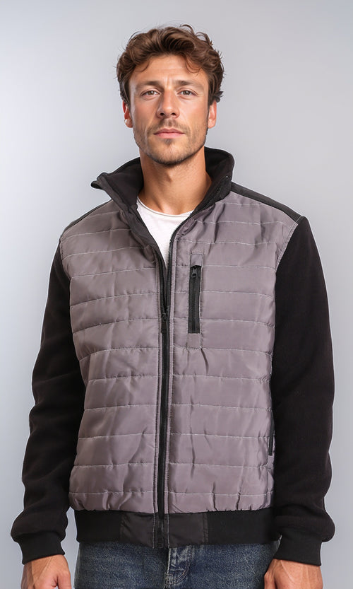 Bi-Tone Long Sleeves Zipped Bomber Jacket - Dark Grey & Black