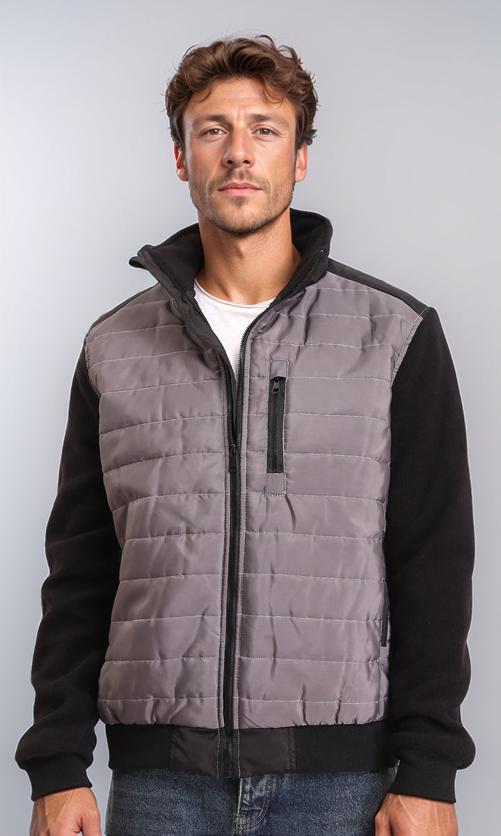 Bi-Tone Long Sleeves Zipped Bomber Jacket - Dark Grey & Black