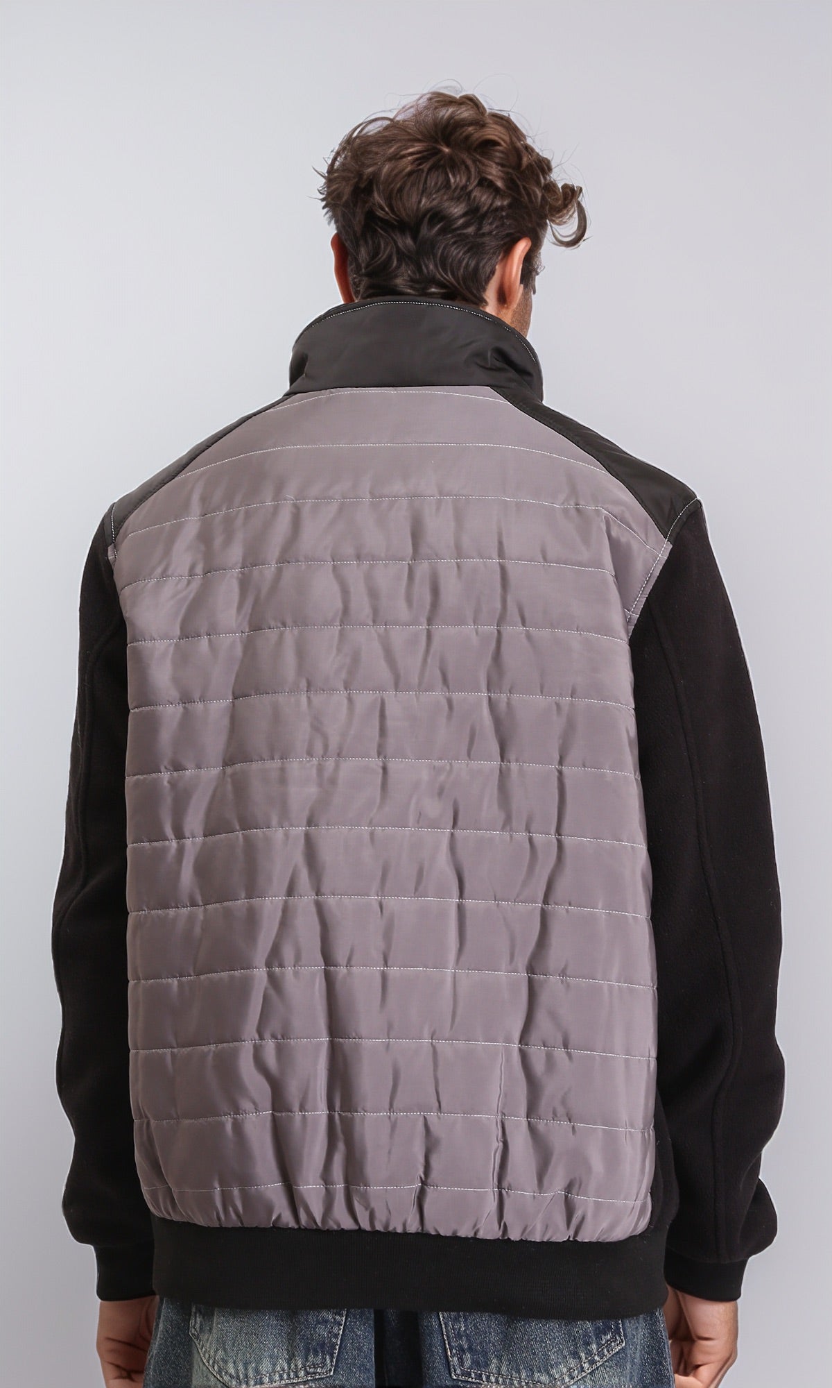 R211594 - Bi-Tone Long Sleeves Zipped Bomber Jacket - Dark Grey & Black