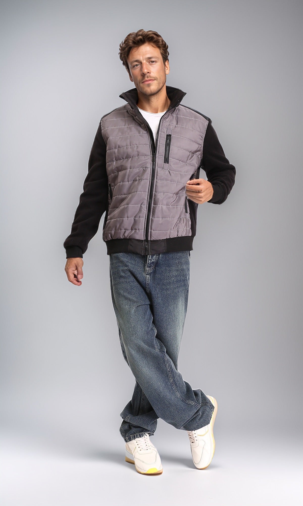 R211594 - Bi-Tone Long Sleeves Zipped Bomber Jacket - Dark Grey & Black