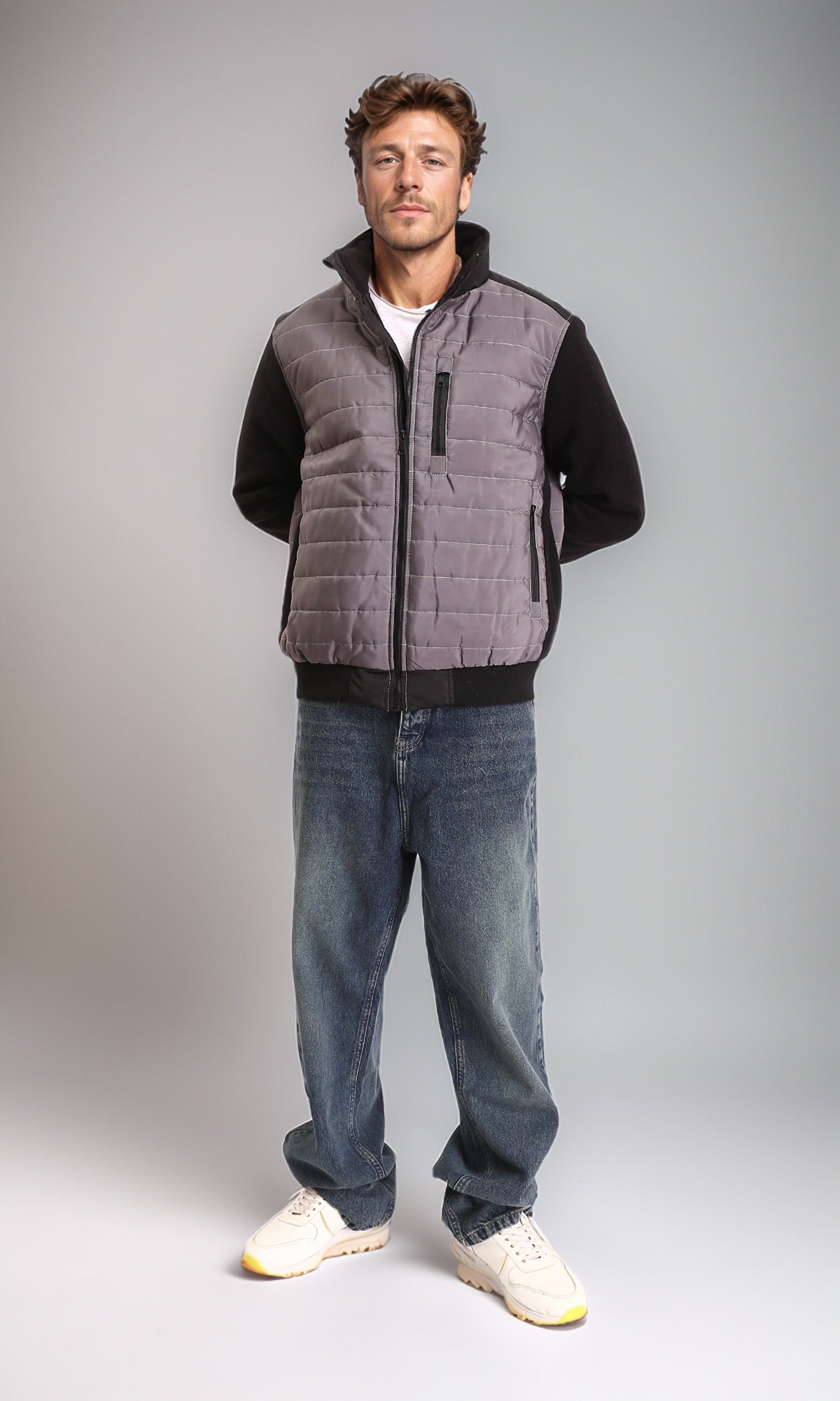 R211594 - Bi-Tone Long Sleeves Zipped Bomber Jacket - Dark Grey & Black