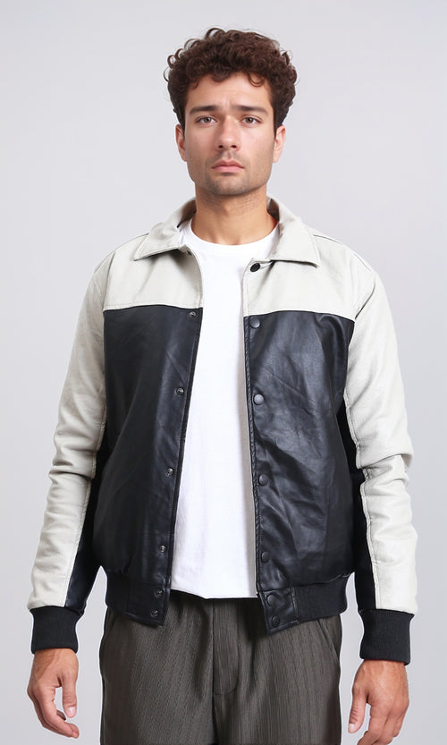 R211595 - Bi-Tone Trendy Jacket with Snap Buttons - Beige & Black