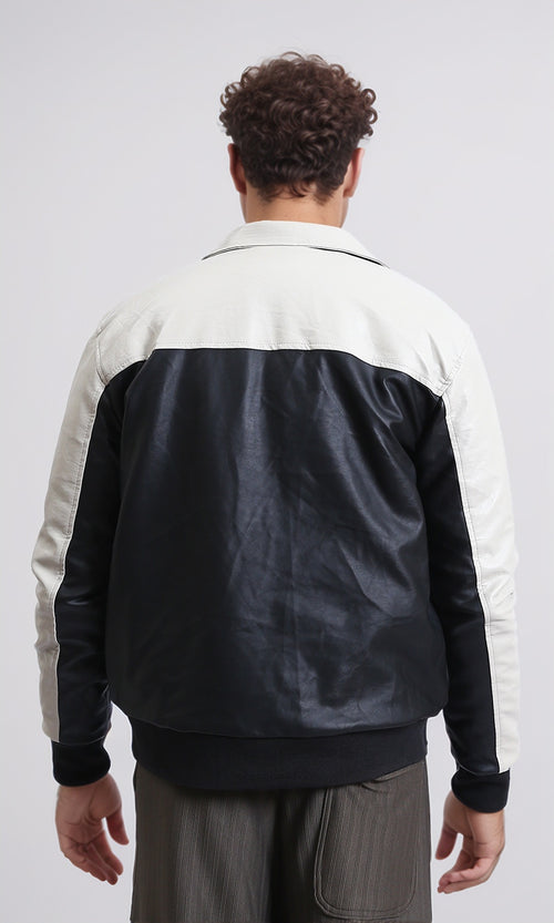 R211595 - Bi-Tone Trendy Jacket with Snap Buttons - Beige & Black