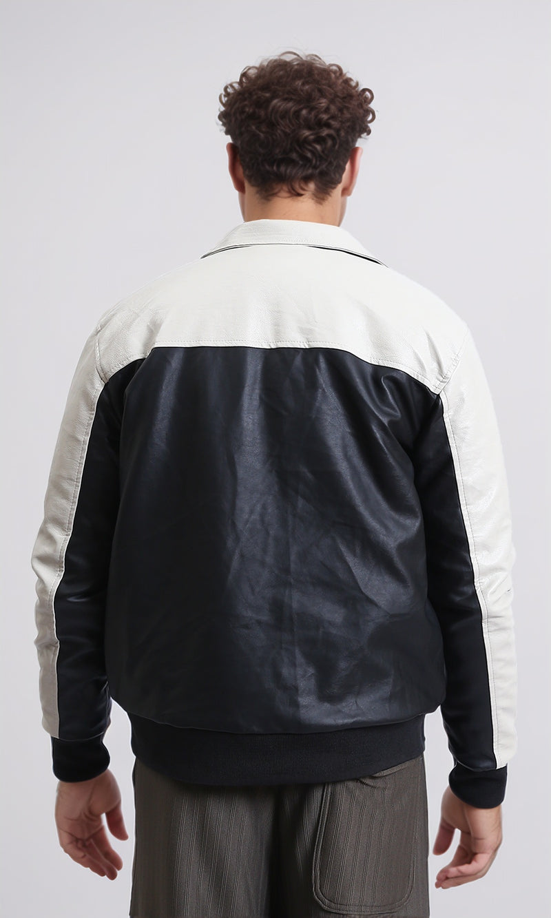 R211595 - Bi-Tone Trendy Jacket with Snap Buttons - Beige & Black