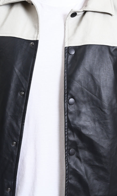 R211595 - Bi-Tone Trendy Jacket with Snap Buttons - Beige & Black