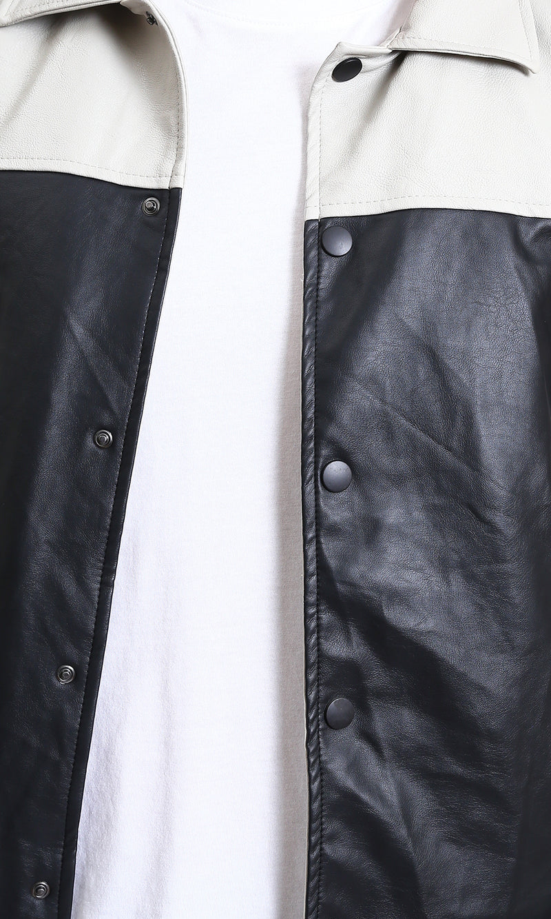 R211595 - Bi-Tone Trendy Jacket with Snap Buttons - Beige & Black