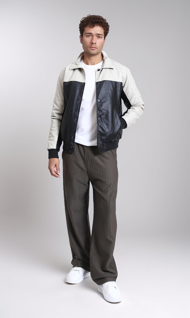 R211595 - Bi-Tone Trendy Jacket with Snap Buttons - Beige & Black
