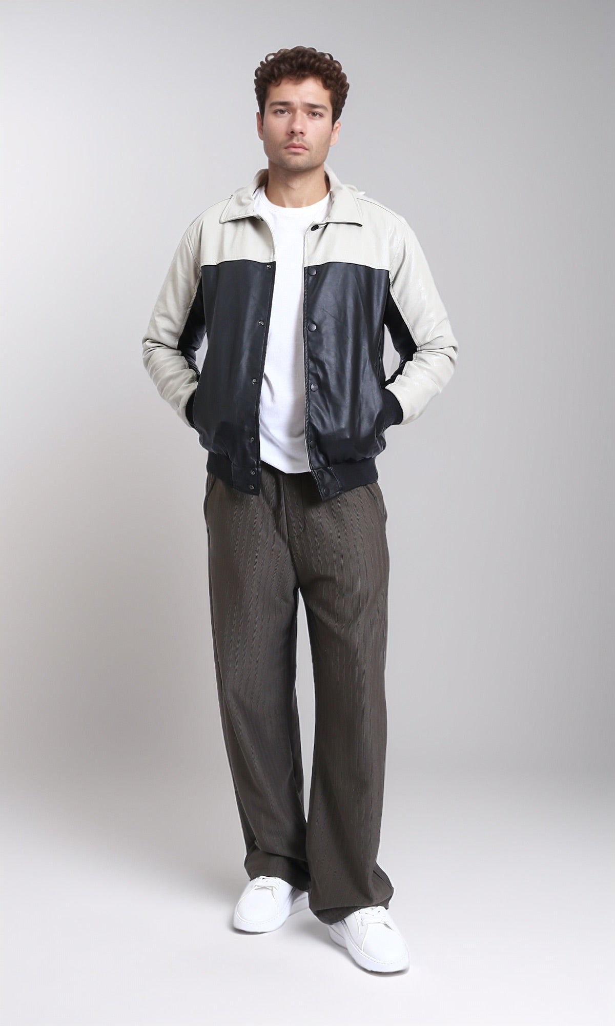 Beige & Black Bi-Tone Jacket - Trendy Snap Button Coat for Men