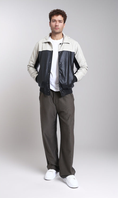 Beige & Black Bi-Tone Jacket - Trendy Snap Button Coat for Men
