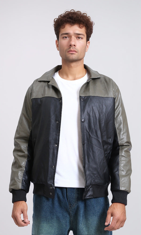 R211596 - Bi-Tone Trendy Jacket with Snap Buttons - Khaki & Black