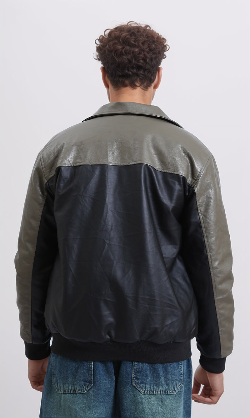 R211596 - Bi-Tone Trendy Jacket with Snap Buttons - Khaki & Black