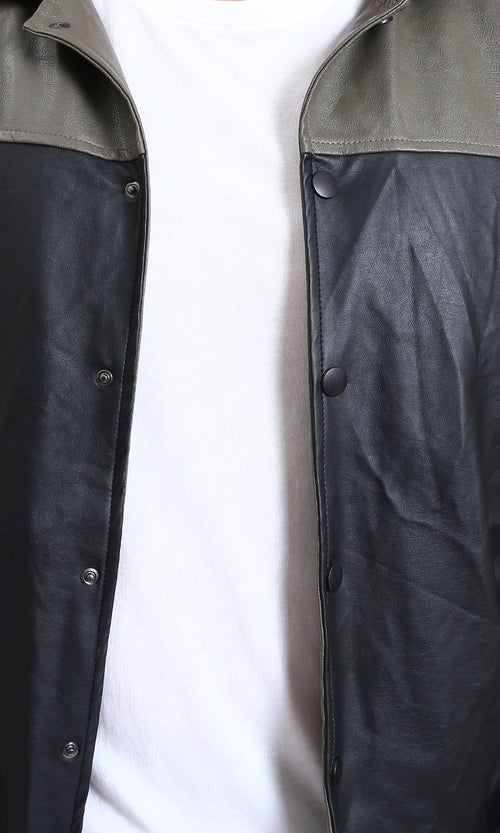 R211596 - Bi-Tone Trendy Jacket with Snap Buttons - Khaki & Black