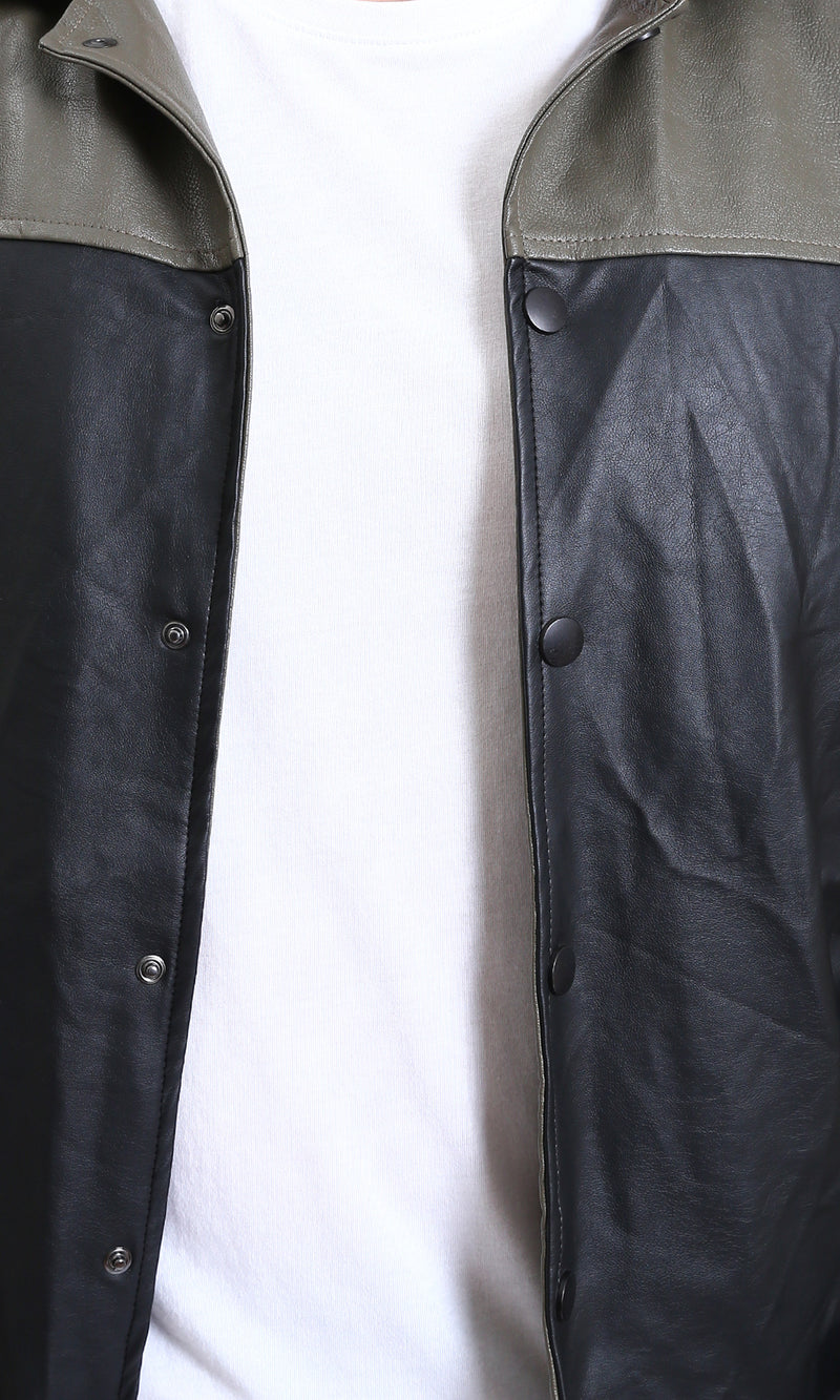 R211596 - Bi-Tone Trendy Jacket with Snap Buttons - Khaki & Black