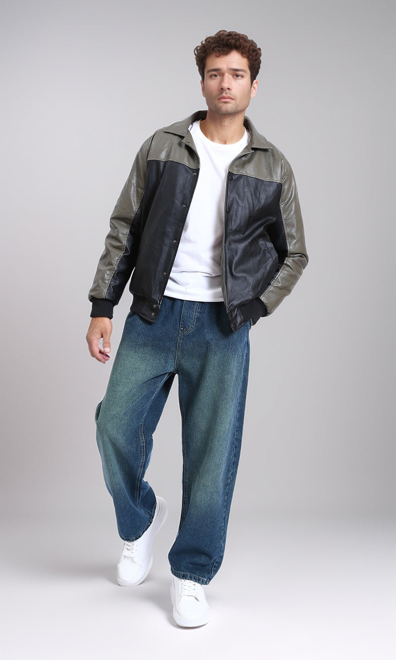 R211596 - Bi-Tone Trendy Jacket with Snap Buttons - Khaki & Black