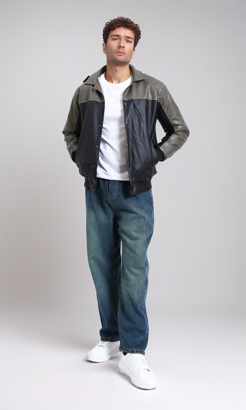 R211596 - Bi-Tone Trendy Jacket with Snap Buttons - Khaki & Black