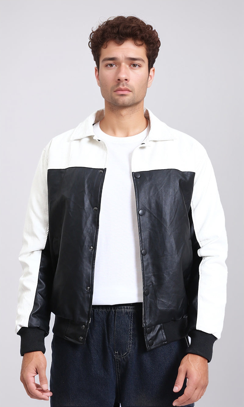 R211597 - Bi-Tone Trendy Jacket with Snap Buttons - White & Black