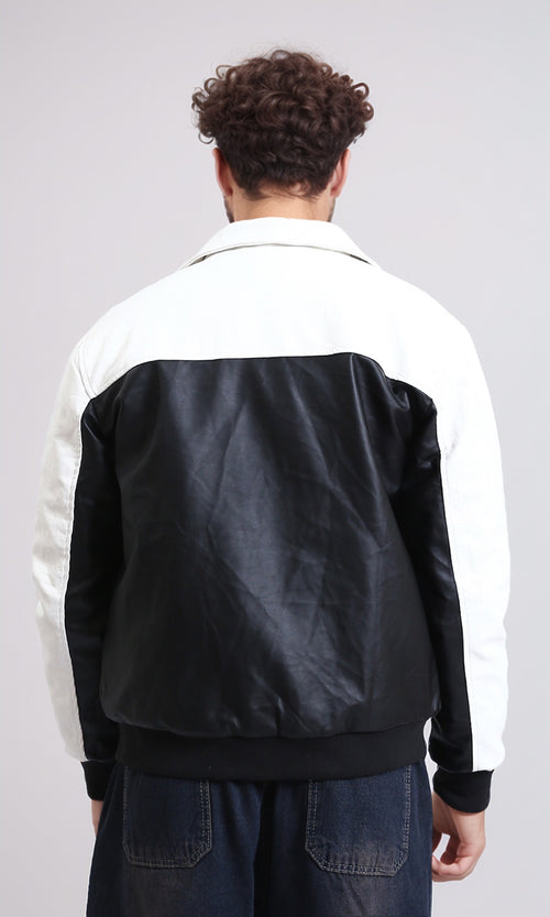 R211597 - Bi-Tone Trendy Jacket with Snap Buttons - White & Black
