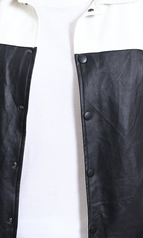R211597 - Bi-Tone Trendy Jacket with Snap Buttons - White & Black