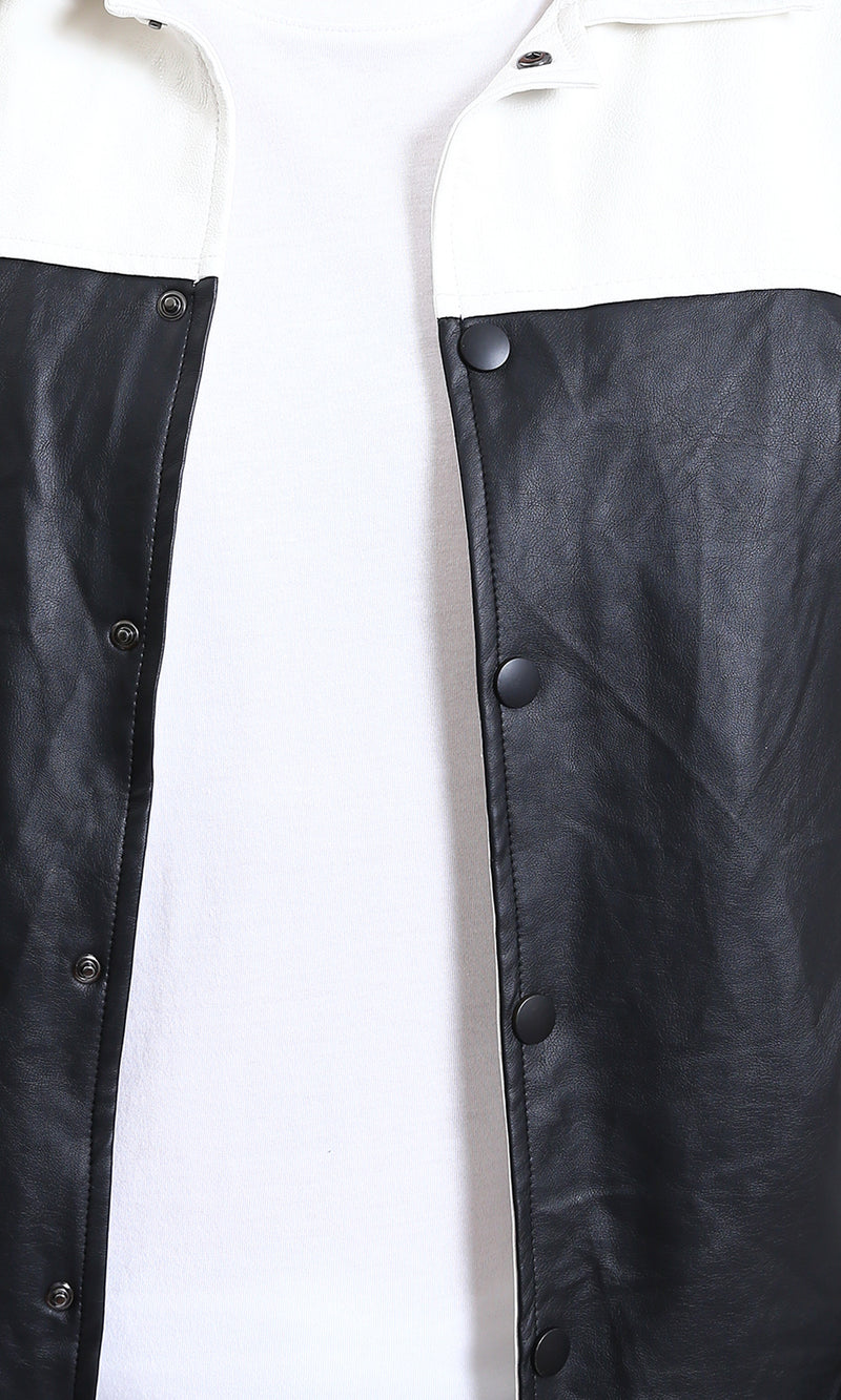 R211597 - Bi-Tone Trendy Jacket with Snap Buttons - White & Black