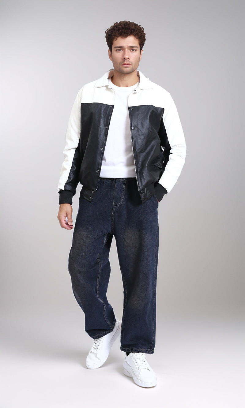 R211597 - Bi-Tone Trendy Jacket with Snap Buttons - White & Black