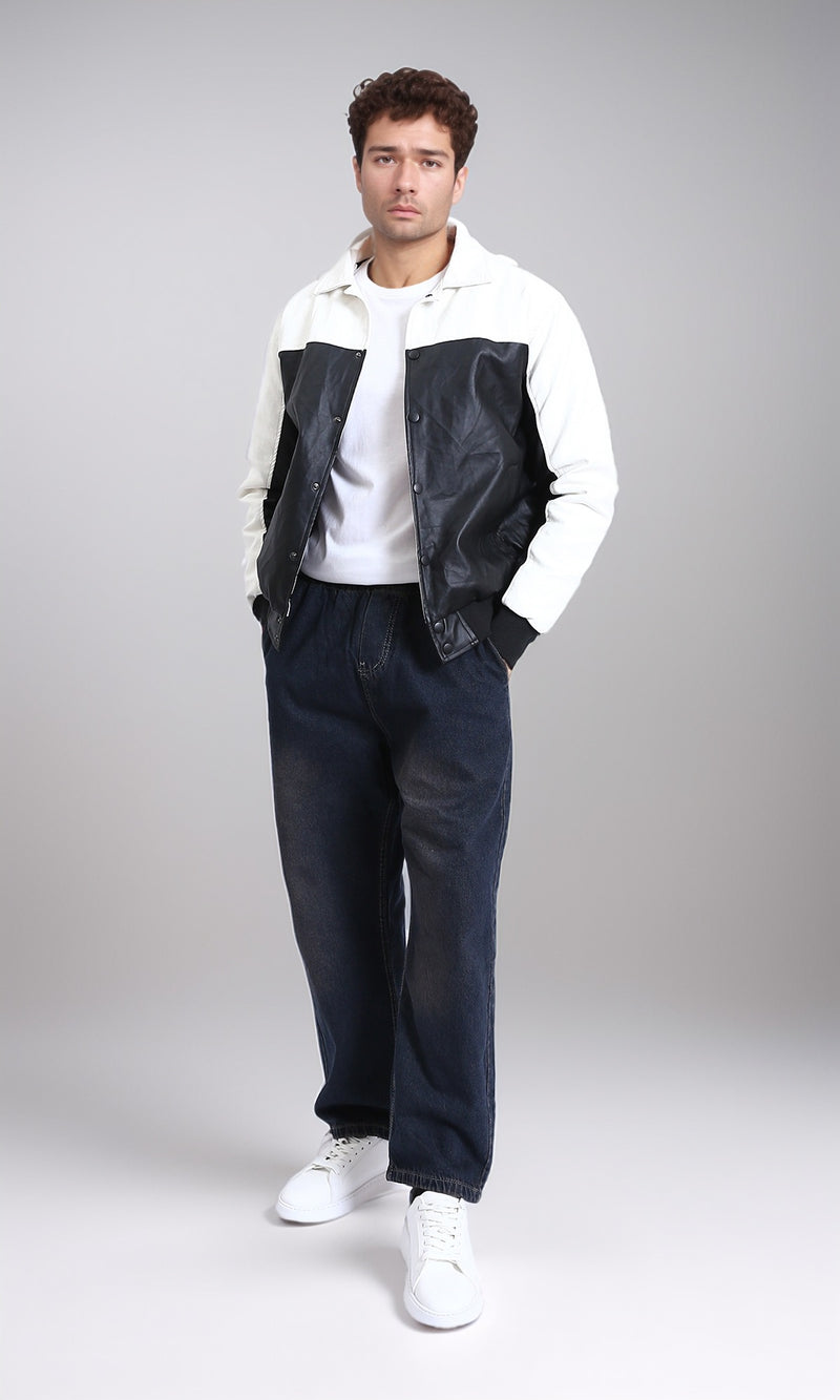 R211597 - Bi-Tone Trendy Jacket with Snap Buttons - White & Black